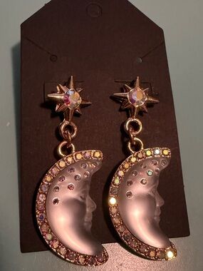 Gold-Tone White Iridescent Half Moon-Face Drop Earrings - with Star Posts